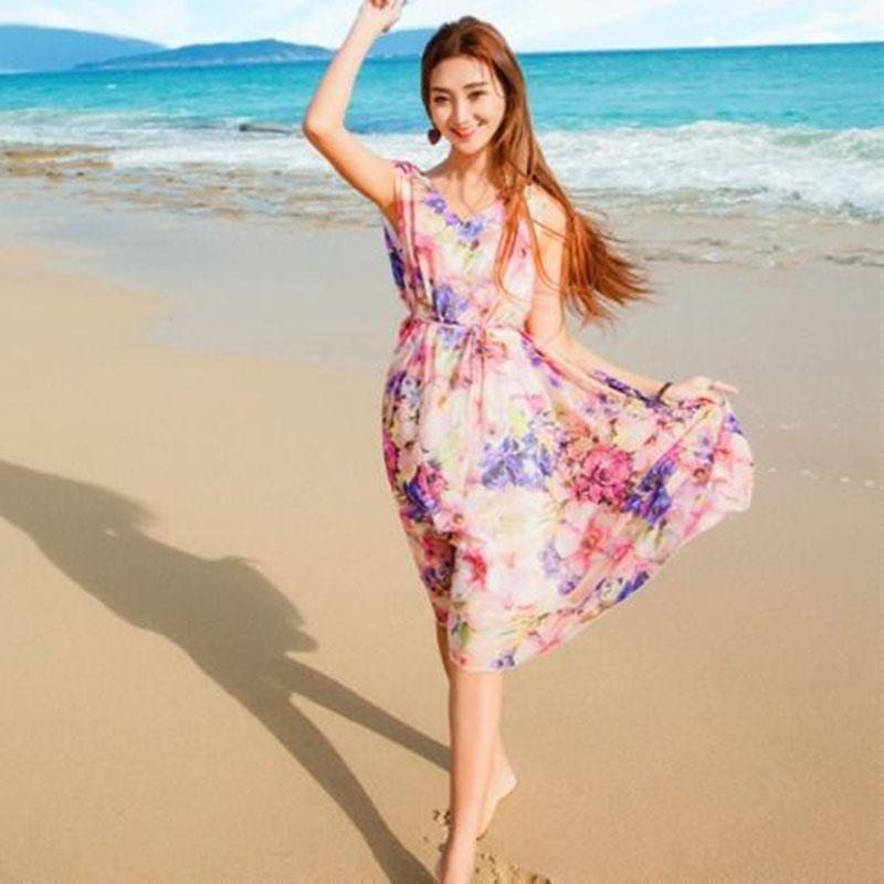 Bohemia Chiffon Printed Dress Midi V-neck Travel Vacation  Beach Dress Sleeveless Sundress