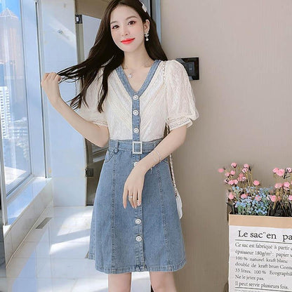 Dress Women's Summer Style European Station Fashion Waist Stitching Denim Skirt