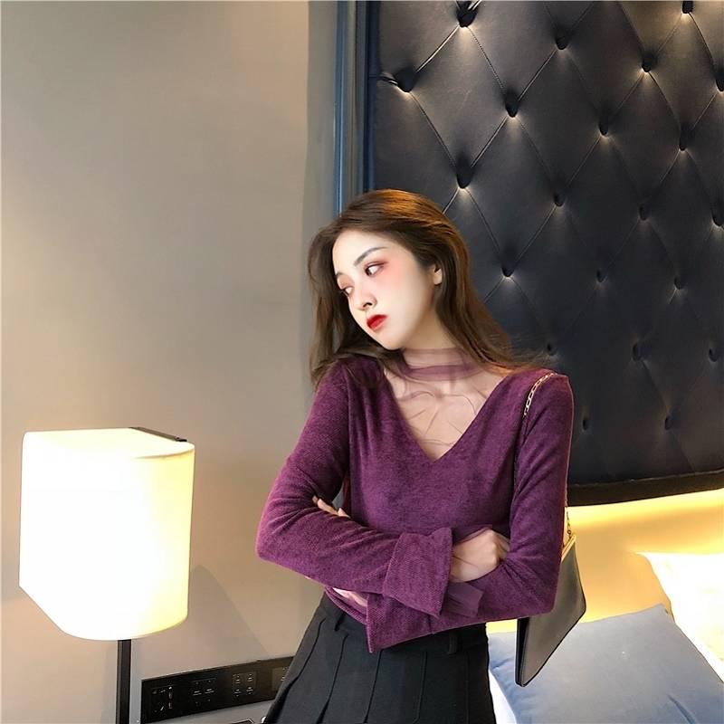 Pofulove Wild Stand-up Collar Net Gauze Style Slim Sexy Jacket Women Autumn and Winter Retro Chic
