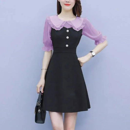 Plus Size Women's Summer Doll Collar Dress Mid Length A-Line Skirt