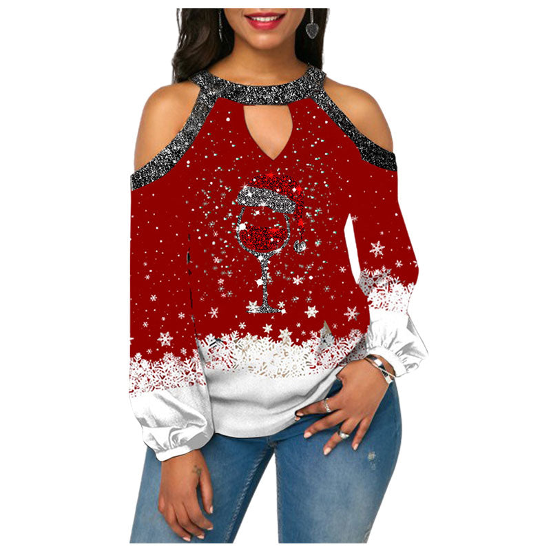 Printed T-shirt Sparkling Stitching Off Shoulder Festival-themed Shirt Women's Long-sleeved Blouse Sexy Halter Streetwear Shirts