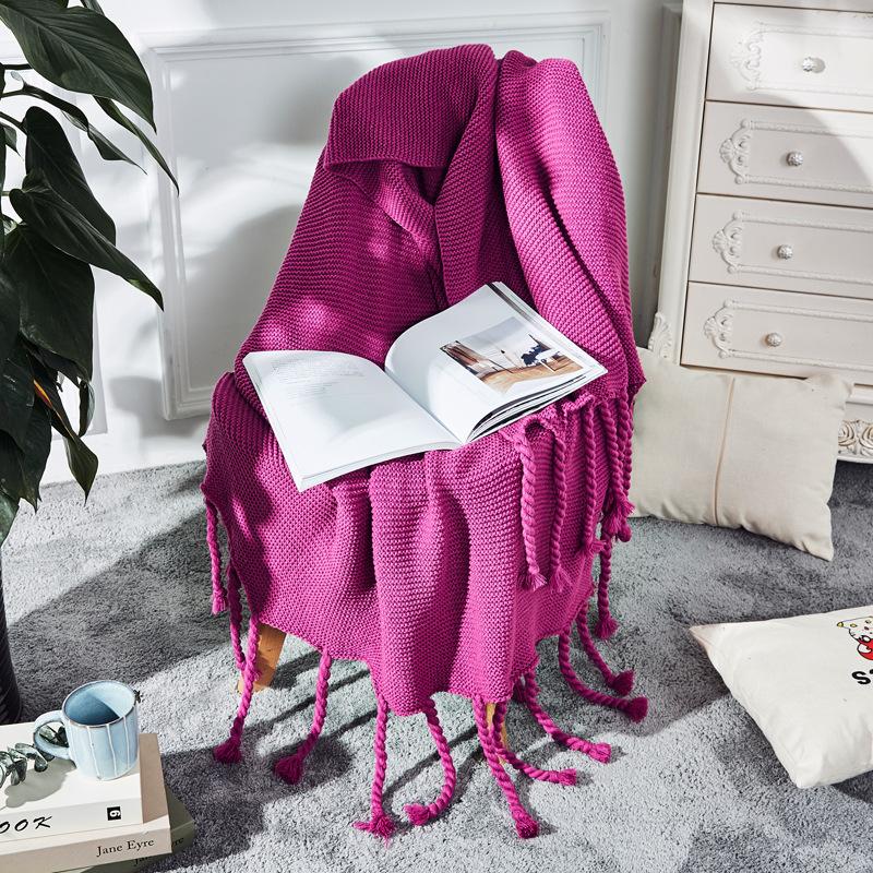 Nordic Plain Knitted Blanket Fringed Sofa Blanket Coarse Thread Nap Blanket