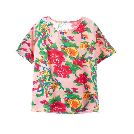 Chinese Style Printed Clothes Safflower T-shirt Lovers Personality Trend Top