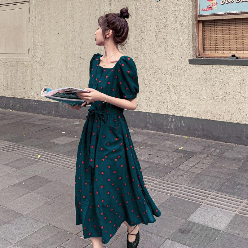 Dress Women's Waist Chiffon Over The Knee Square Collar Retro Casual Fashion French Summer Skirt