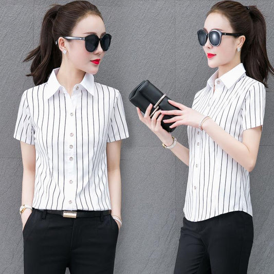 White Striped Shirt Blouse Professional Long-sleeved Short-sleeved Tops Suits Shirts Stand-up Collars Striped Shirts Work Clothes
