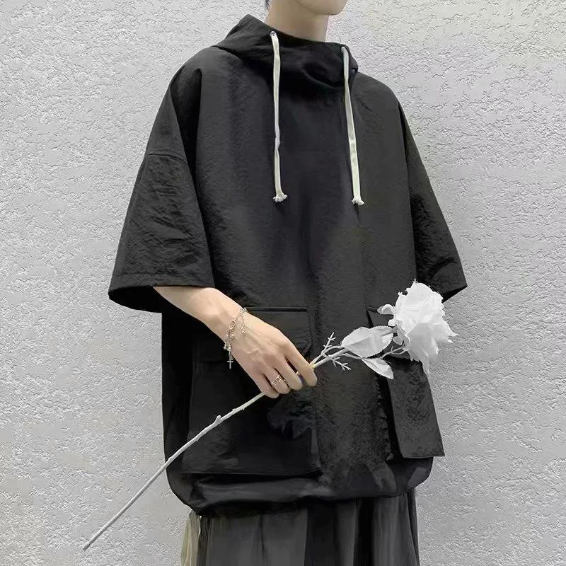 Summer Thin Hooded Students All-match Short-sleeved T-shirt Men's Trendy Design Sense Tooling Five-point Half-sleeved