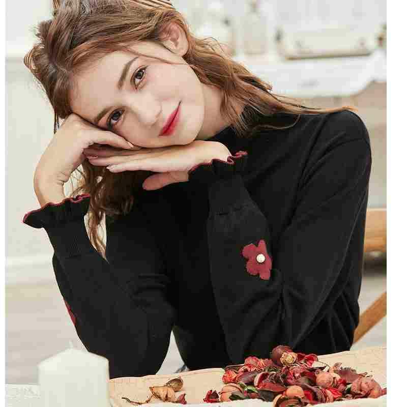 Pofulove Turtleneck Base Sweater Autumn and Winter Long-sleeved Pullover Flower Embroidery Sweater