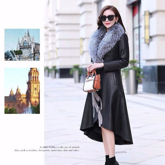 Winter Fur Collar Women's Fur Coat  Plush Thickening Medium Length Women's Leather Coat Slim Closing Woman Parka Coat