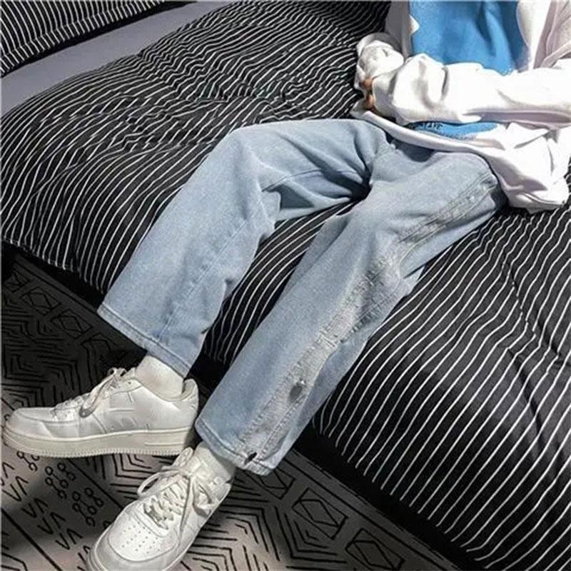 Men's Loose Straight Wide-leg Pants Autumn Ins Plaid Stitching Jeans Pendant Long Pants