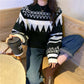 Women's Winter Loose Geometric Pattern Short Sweater O-Neck Retro Contrast Diamond Knitted Pullover