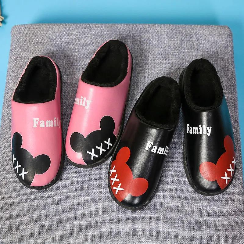 Winter Ladies Leather Warm Slippers Plus Velvet Thickening Plus Cotton Non-slip Wear-resistant Waterproof Cotton Slippers