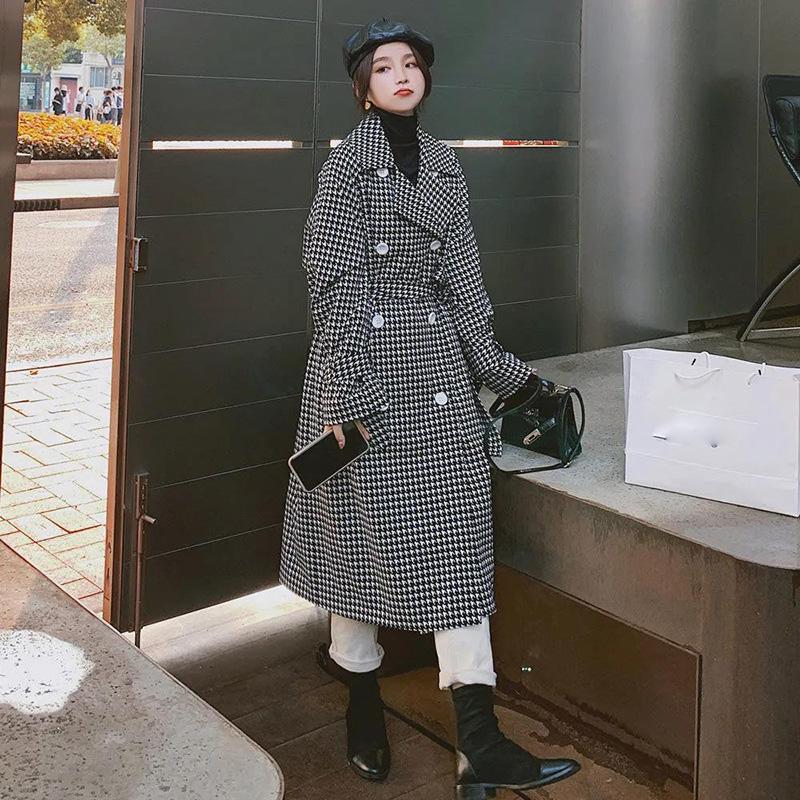 Black and White Houndstooth Windbreaker Jacket Female Spring and Autumn Long Style Over-the-knee Waist Belted Temperament Loose Coat