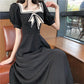 Female French Retro Elegant High Waist Small Knee Dress Navy Neck Bubble Sleeve Medium Length Slim Dress