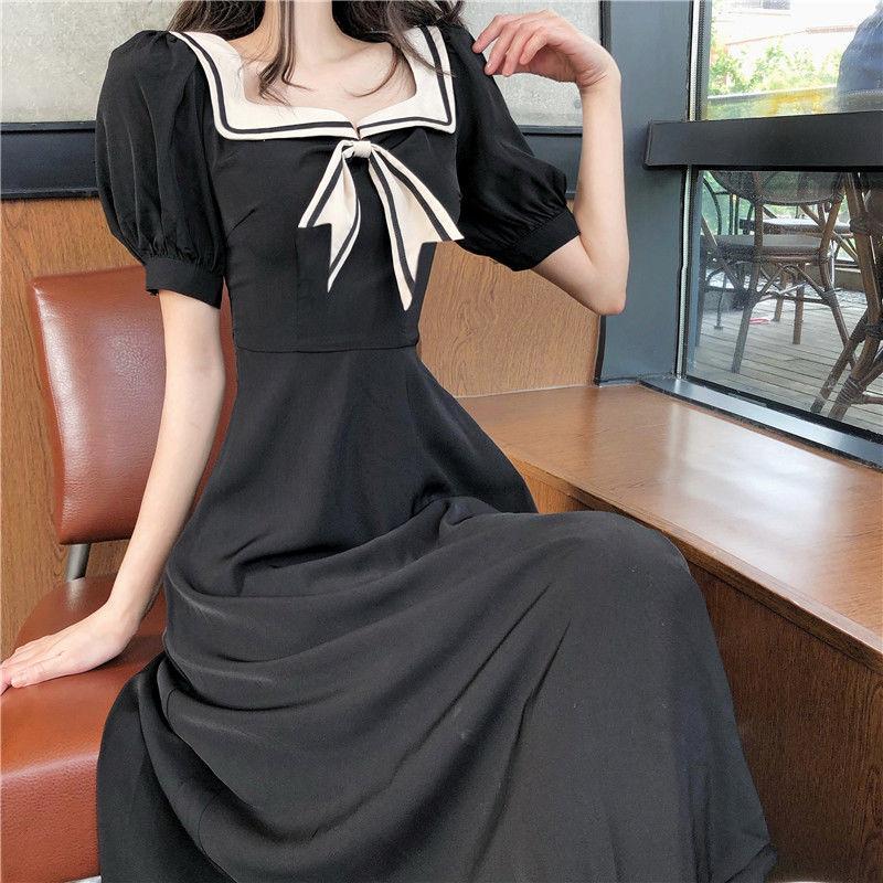 Female French Retro Elegant High Waist Small Knee Dress Navy Neck Bubble Sleeve Medium Length Slim Dress