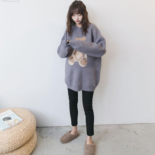 Pregnant Women's Autumn and Winter Clothing Fashion Style Plus Size Blouse Korea Cartoon Knitted Bottoming Shirt Maternity Sweater Mid-length Trendy