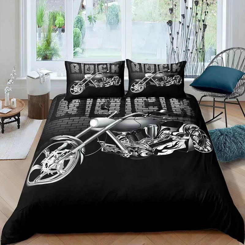 3D Print Motorcycle Pattern Bed Three-piece Set of Set of Pillows Set Large Double Bed Home Bedding