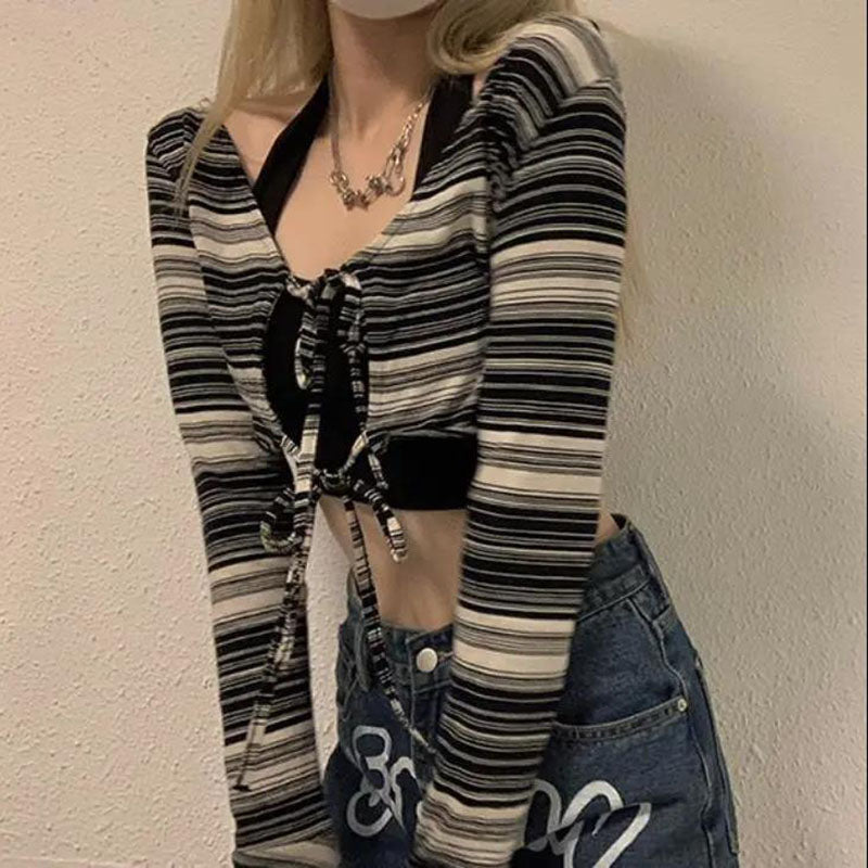 Y2k Top  Women's T-shirt Short T-shirt Slim Top Long Sleeves Black and White Stripes Irregular Cardigan Straps Reversible