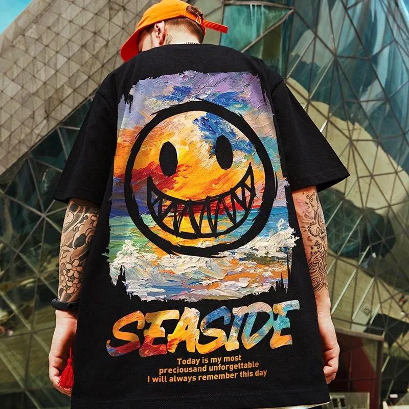 Oversized Hip Hop Tees Youth Trendy Personality T-shirts Summer Grimace Print Shirt O-neck Short Sleeve Casual Loose Pullover Men
