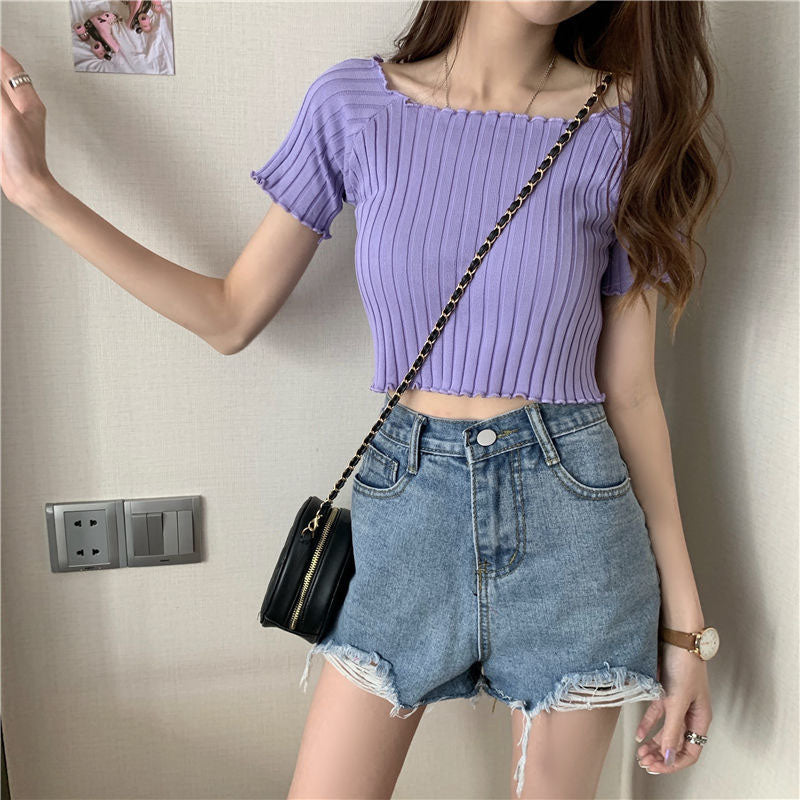 French Short Off Shoulder Knitting Shirt Female Summer Vertical Stripes Short Sleeve Ruffles Hem Crop Tops