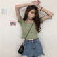 French Short Off Shoulder Knitting Shirt Female Summer Vertical Stripes Short Sleeve Ruffles Hem Crop Tops