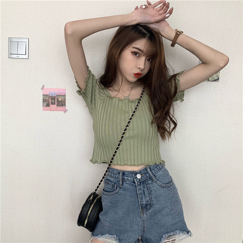 French Short Off Shoulder Knitting Shirt Female Summer Vertical Stripes Short Sleeve Ruffles Hem Crop Tops