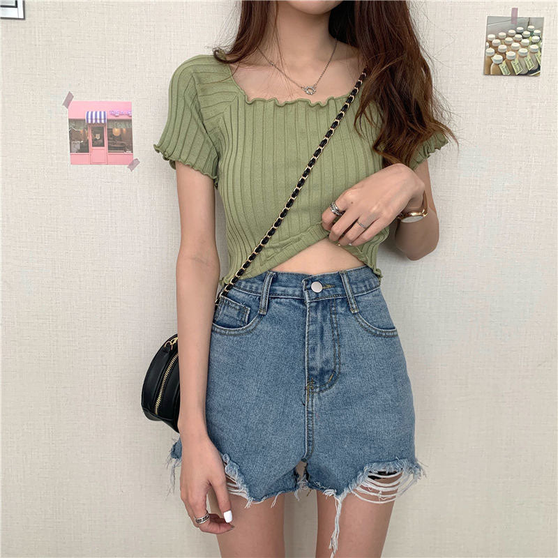 French Short Off Shoulder Knitting Shirt Female Summer Vertical Stripes Short Sleeve Ruffles Hem Crop Tops