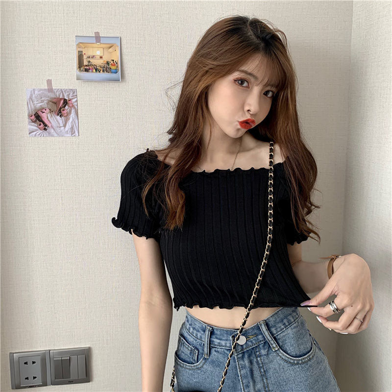 French Short Off Shoulder Knitting Shirt Female Summer Vertical Stripes Short Sleeve Ruffles Hem Crop Tops