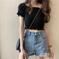 French Short Off Shoulder Knitting Shirt Female Summer Vertical Stripes Short Sleeve Ruffles Hem Crop Tops