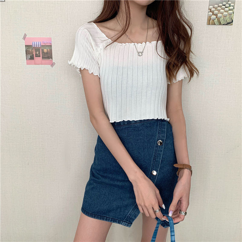 French Short Off Shoulder Knitting Shirt Female Summer Vertical Stripes Short Sleeve Ruffles Hem Crop Tops