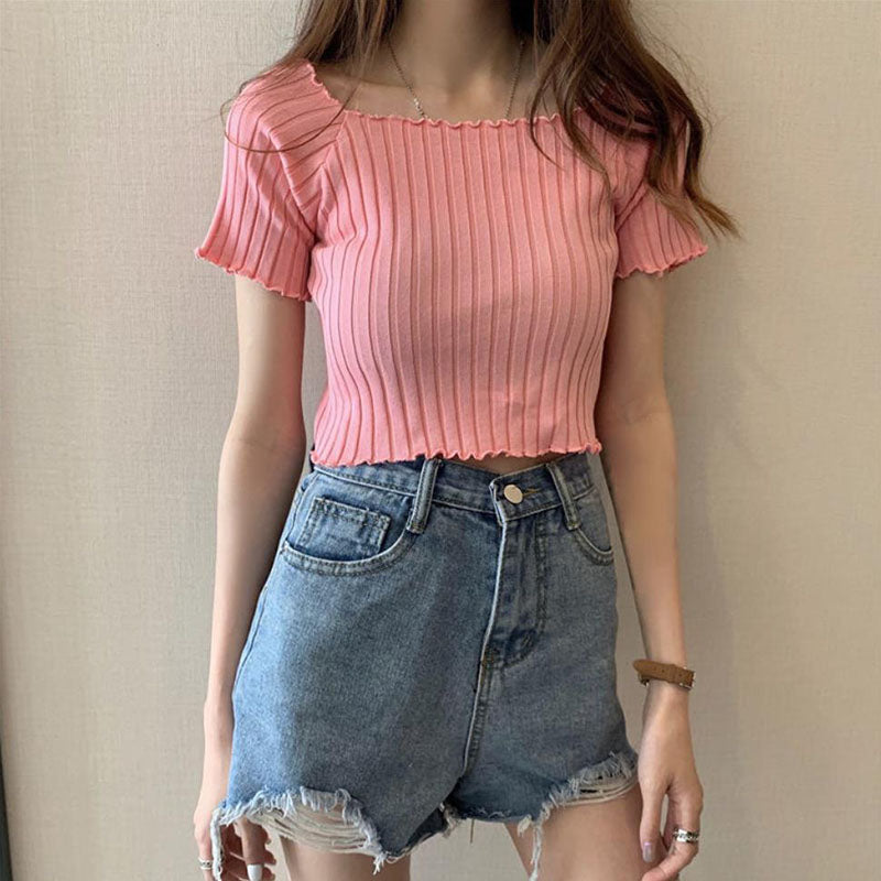 French Short Off Shoulder Knitting Shirt Female Summer Vertical Stripes Short Sleeve Ruffles Hem Crop Tops