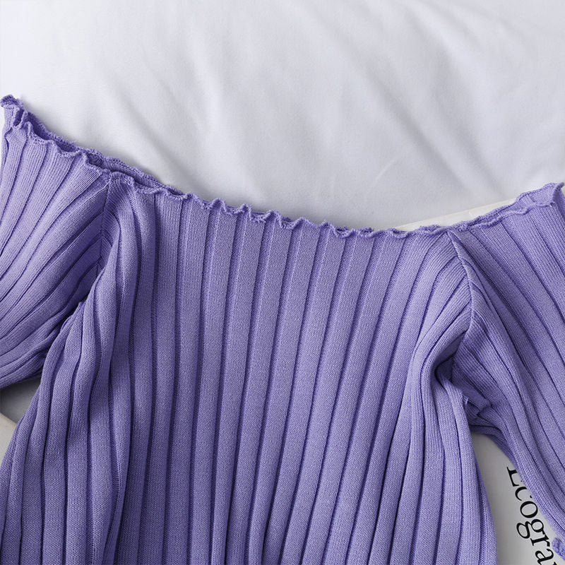 French Short Off Shoulder Knitting Shirt Female Summer Vertical Stripes Short Sleeve Ruffles Hem Crop Tops