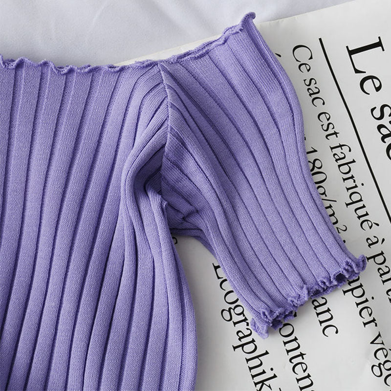 French Short Off Shoulder Knitting Shirt Female Summer Vertical Stripes Short Sleeve Ruffles Hem Crop Tops