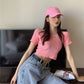 French Short Off Shoulder Knitting Shirt Female Summer Vertical Stripes Short Sleeve Ruffles Hem Crop Tops