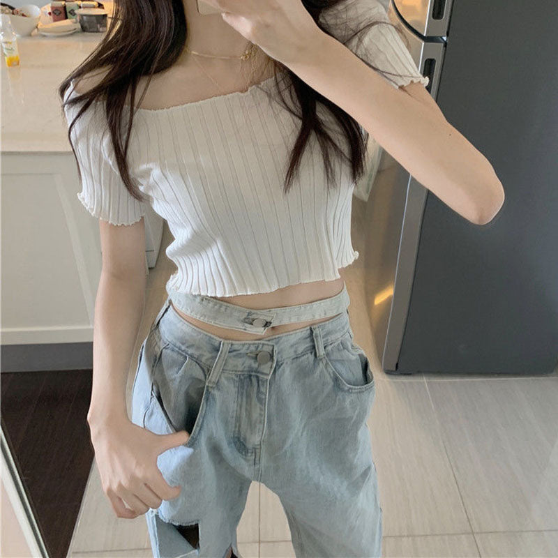 French Short Off Shoulder Knitting Shirt Female Summer Vertical Stripes Short Sleeve Ruffles Hem Crop Tops