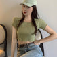 French Short Off Shoulder Knitting Shirt Female Summer Vertical Stripes Short Sleeve Ruffles Hem Crop Tops