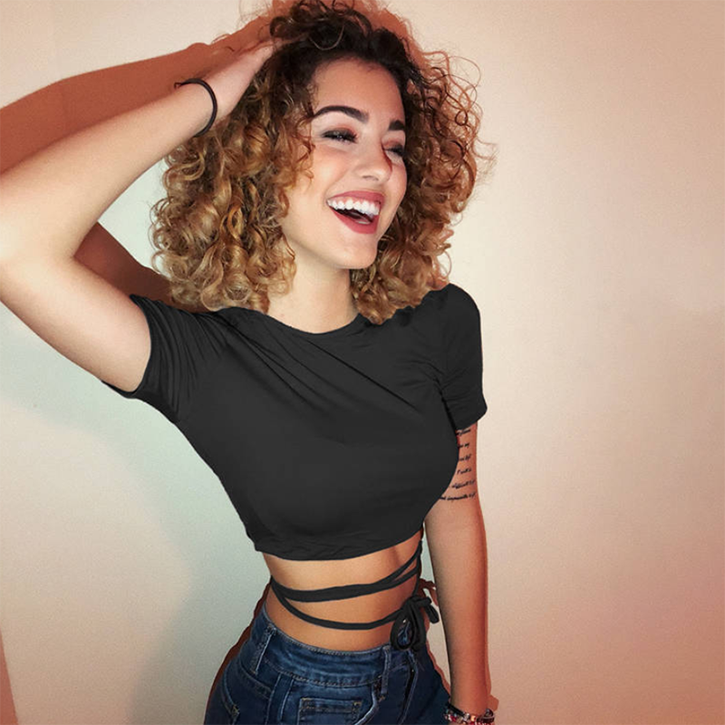 Summer Women Black Short T-Shirts Sexy Crop Tops Short Sleeve Bandage Tee Tops Female Shirts