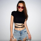 Summer Women Black Short T-Shirts Sexy Crop Tops Short Sleeve Bandage Tee Tops Female Shirts