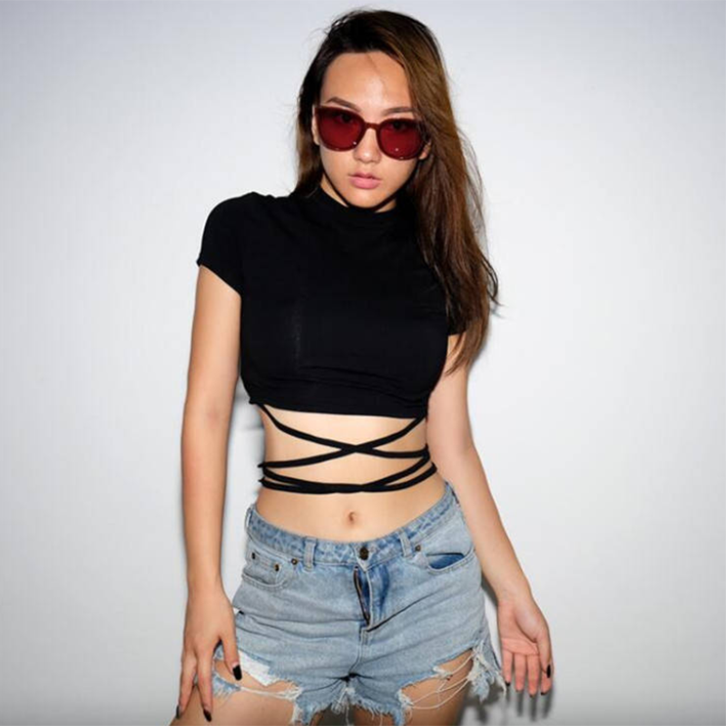 Summer Women Black Short T-Shirts Sexy Crop Tops Short Sleeve Bandage Tee Tops Female Shirts