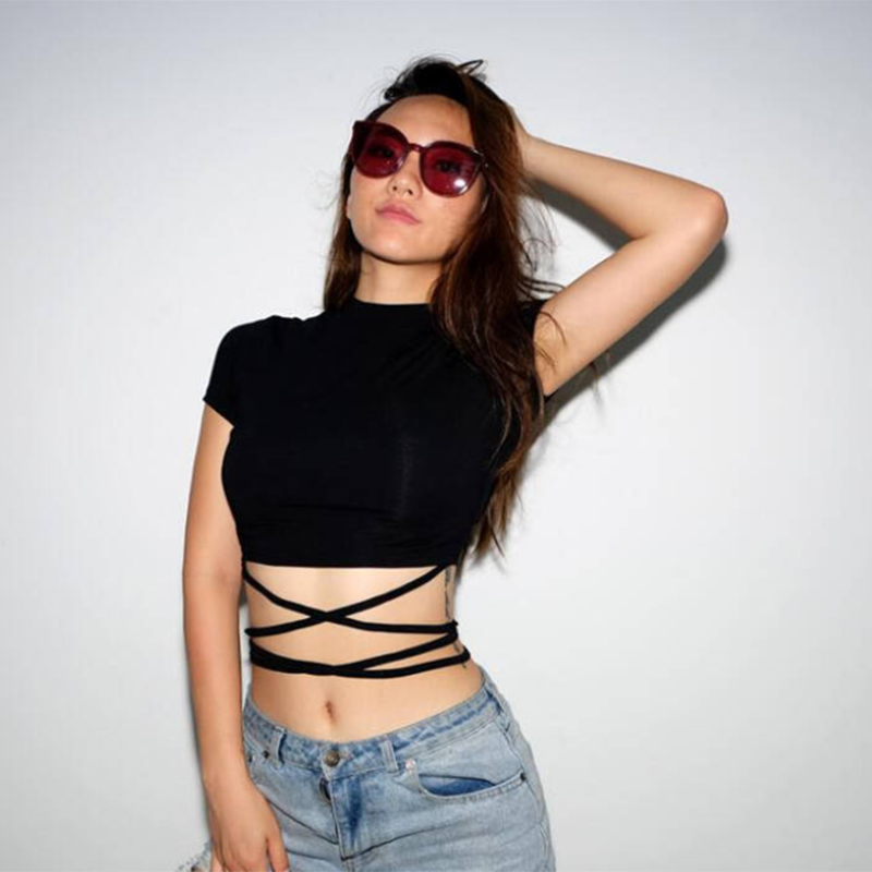 Summer Women Black Short T-Shirts Sexy Crop Tops Short Sleeve Bandage Tee Tops Female Shirts