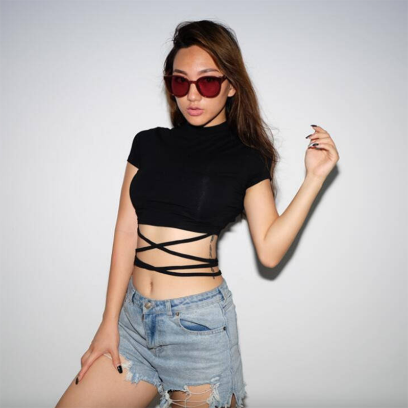Summer Women Black Short T-Shirts Sexy Crop Tops Short Sleeve Bandage Tee Tops Female Shirts