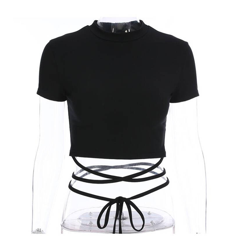 Summer Women Black Short T-Shirts Sexy Crop Tops Short Sleeve Bandage Tee Tops Female Shirts