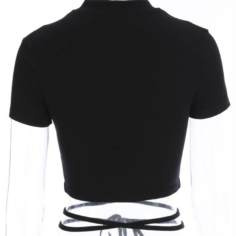 Summer Women Black Short T-Shirts Sexy Crop Tops Short Sleeve Bandage Tee Tops Female Shirts