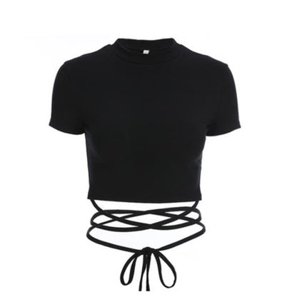 Summer Women Black Short T-Shirts Sexy Crop Tops Short Sleeve Bandage Tee Tops Female Shirts