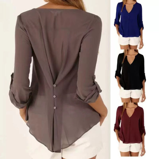 Elegant Chiffon Shirt Women Long-Sleeved V-neck Loose Large Blouses V Neck Tops Solid Color Shirts Woman Summer Clothing