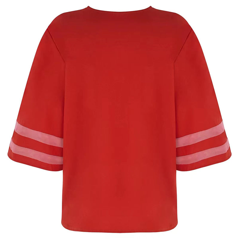 Fashion Woman Blouses 2022 Women V-neck Zip-up Shirt with Half Flared Sleeves Mesh Stitching Loose Casual Women Summer Clothing
