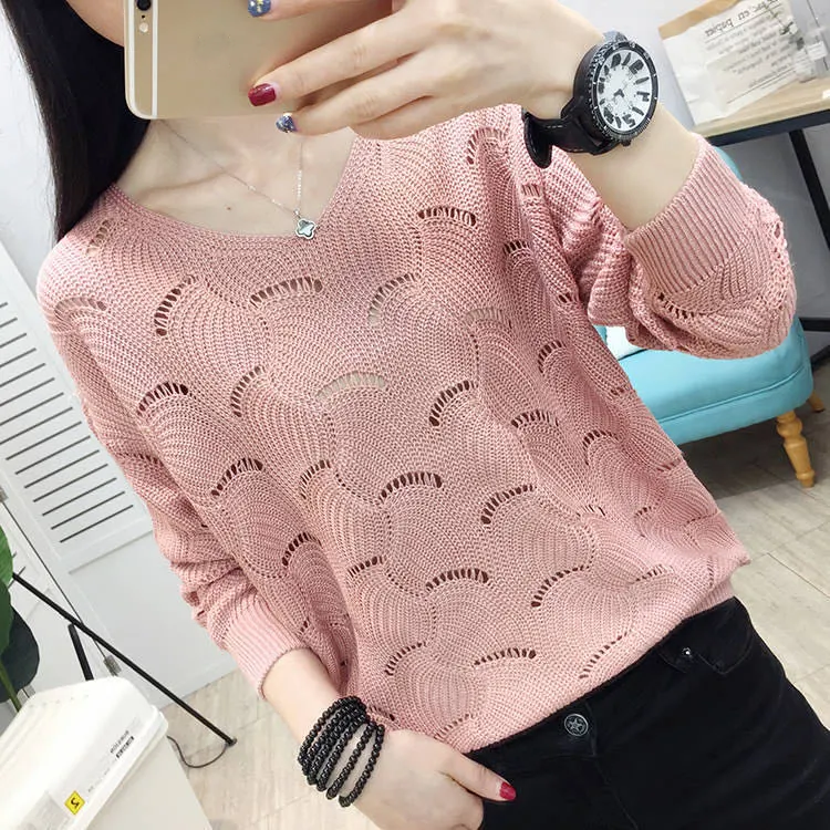 Large Size Women's Fashion Hollow Spring Knitted Sweater Pullover Loose Korean Style Bottoming Shirt V-neck Thin Top