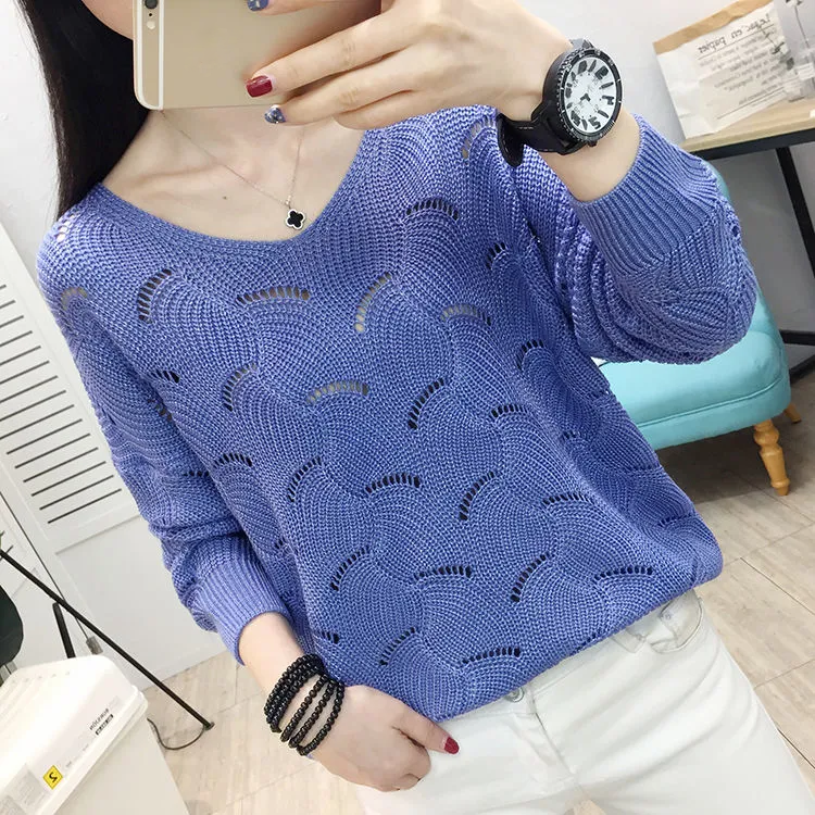 Large Size Women's Fashion Hollow Spring Knitted Sweater Pullover Loose Korean Style Bottoming Shirt V-neck Thin Top