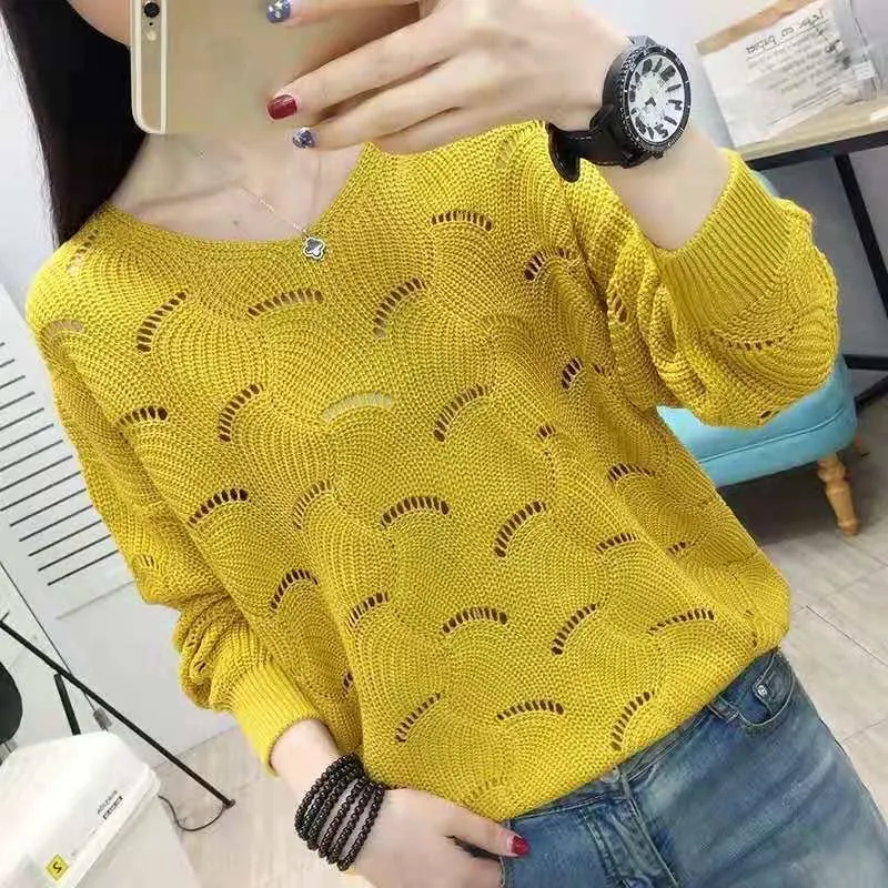 Large Size Women's Fashion Hollow Spring Knitted Sweater Pullover Loose Korean Style Bottoming Shirt V-neck Thin Top