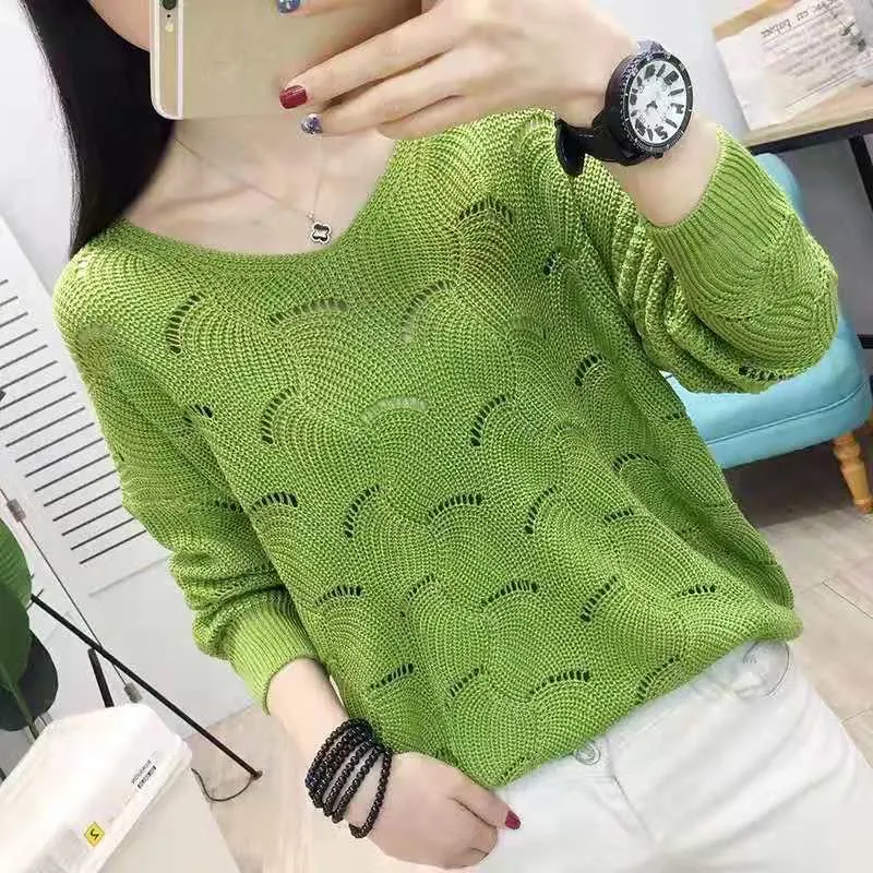 Large Size Women's Fashion Hollow Spring Knitted Sweater Pullover Loose Korean Style Bottoming Shirt V-neck Thin Top