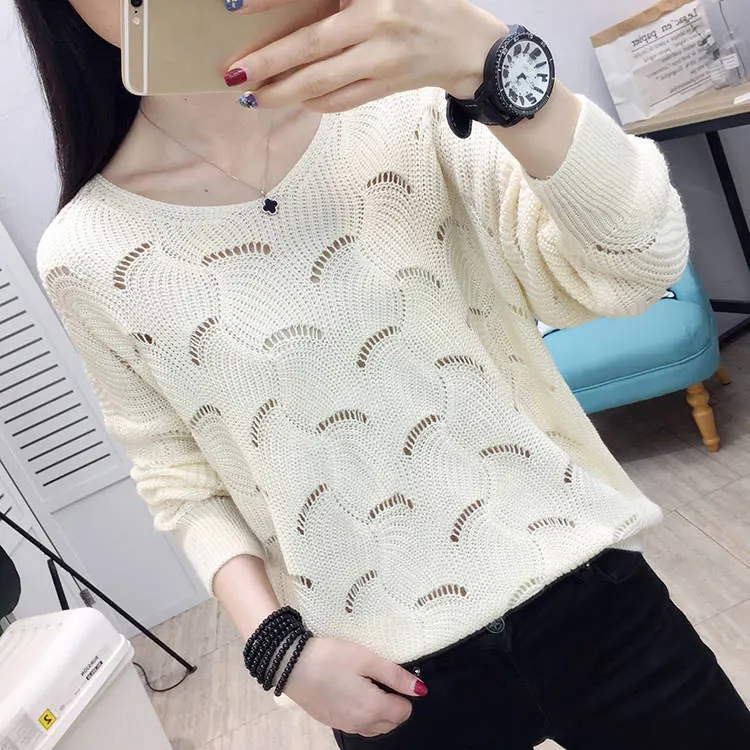 Large Size Women's Fashion Hollow Spring Knitted Sweater Pullover Loose Korean Style Bottoming Shirt V-neck Thin Top